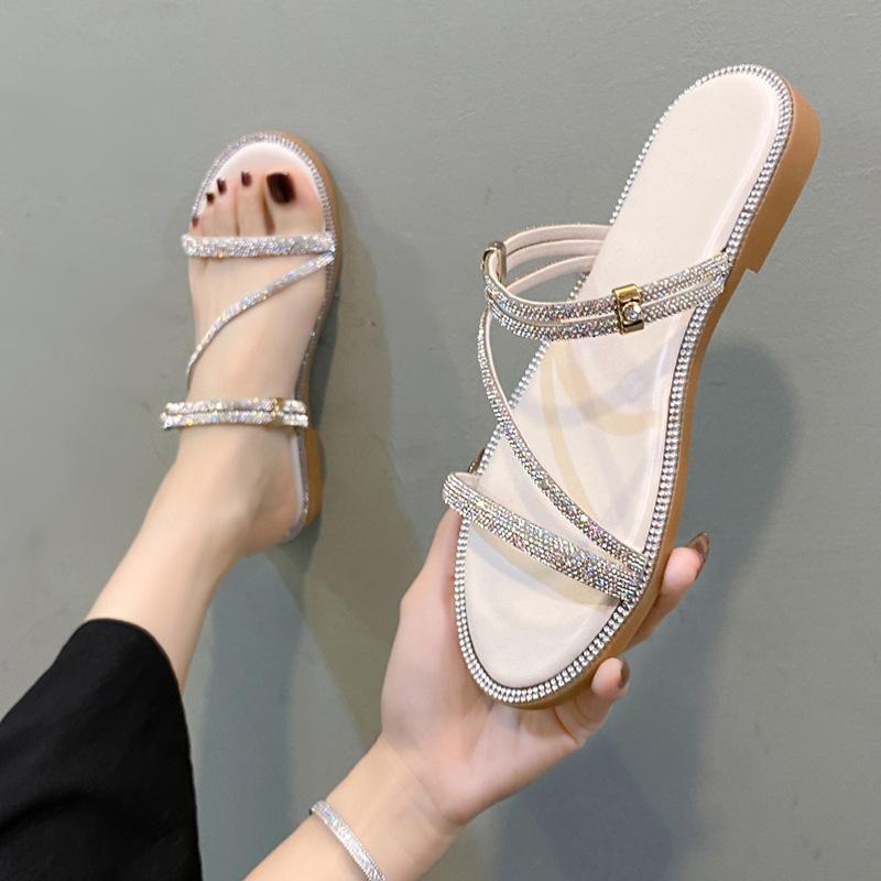 Cool Slippers Women's Summer New Internet Celebrity Flat-bottomed Rhinestone Fashion Outer Wear Women's Versatile Two Wear Beach Sandals