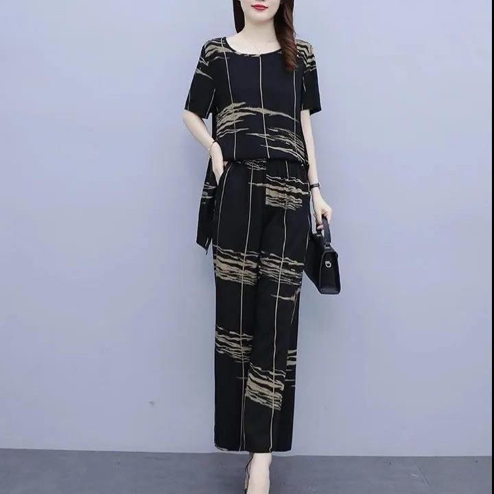 Women's Fat Mother's Age-reducing Slimming Wide-leg Pants Casual Suit Summer Fashionable and Age-reducing Two-piece Set