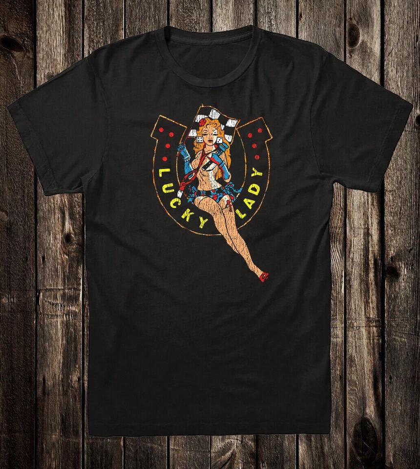 Men's T Shirt Hot Rod Novelty Lady Luck 8 Ball Drag Race Racing Lucky Horseshoe