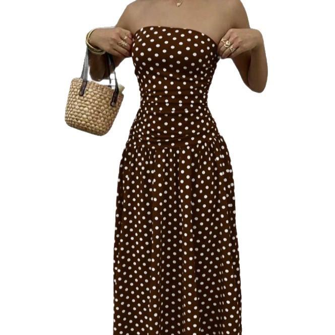 Ärmelloses High-Neck-Langkleid mit Wellenpunktmuster und Rüschensaum für Büro und Alltag