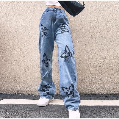 2025 Spring Autumn Trousers High Waist Butterfly Print Y2K Jeans for Women Fashion Loose Straight Leg Denim Pants Casual Clothing