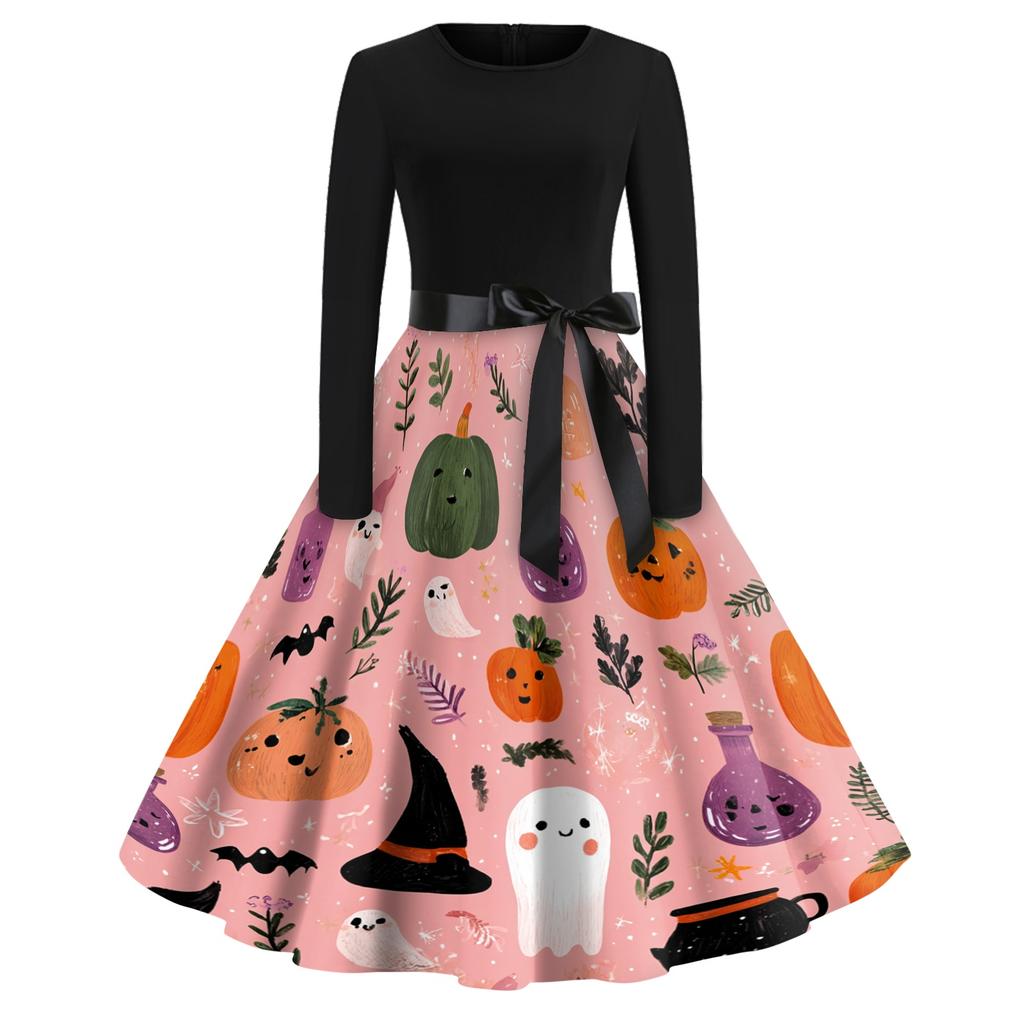 Women Casual Long Sleeve Dress Vintage Round Neck Floral Print Midi Dress with Waist Tie for Halloween Party