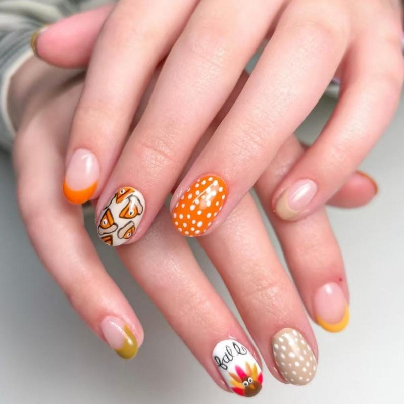 30-Piece Autumn/Winter Turkey French Oval Nail Art Tips – Thanksgiving Special