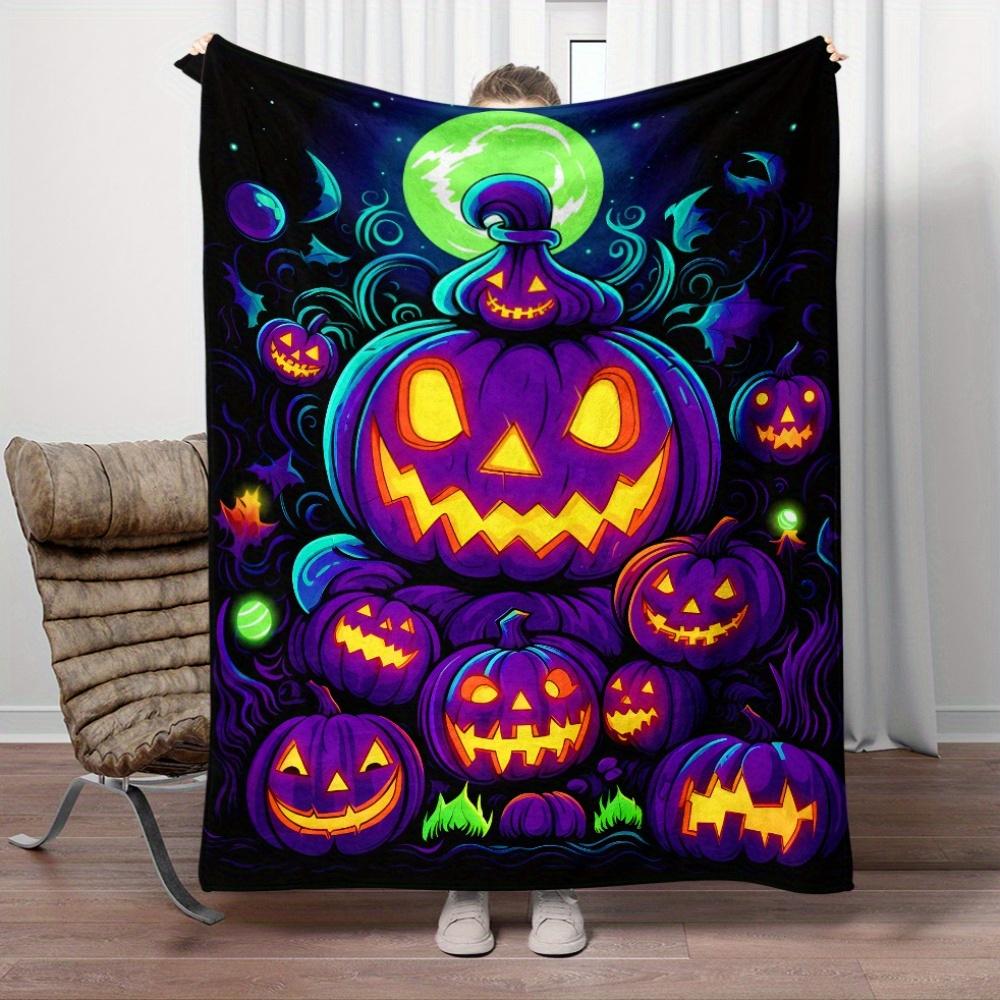 Halloween pumpkin blanket spooky haunted night party blanket purple jack o lanterns glow in dark festive seasonal decoration Size: 75*100cm, Weight: 230 GSM