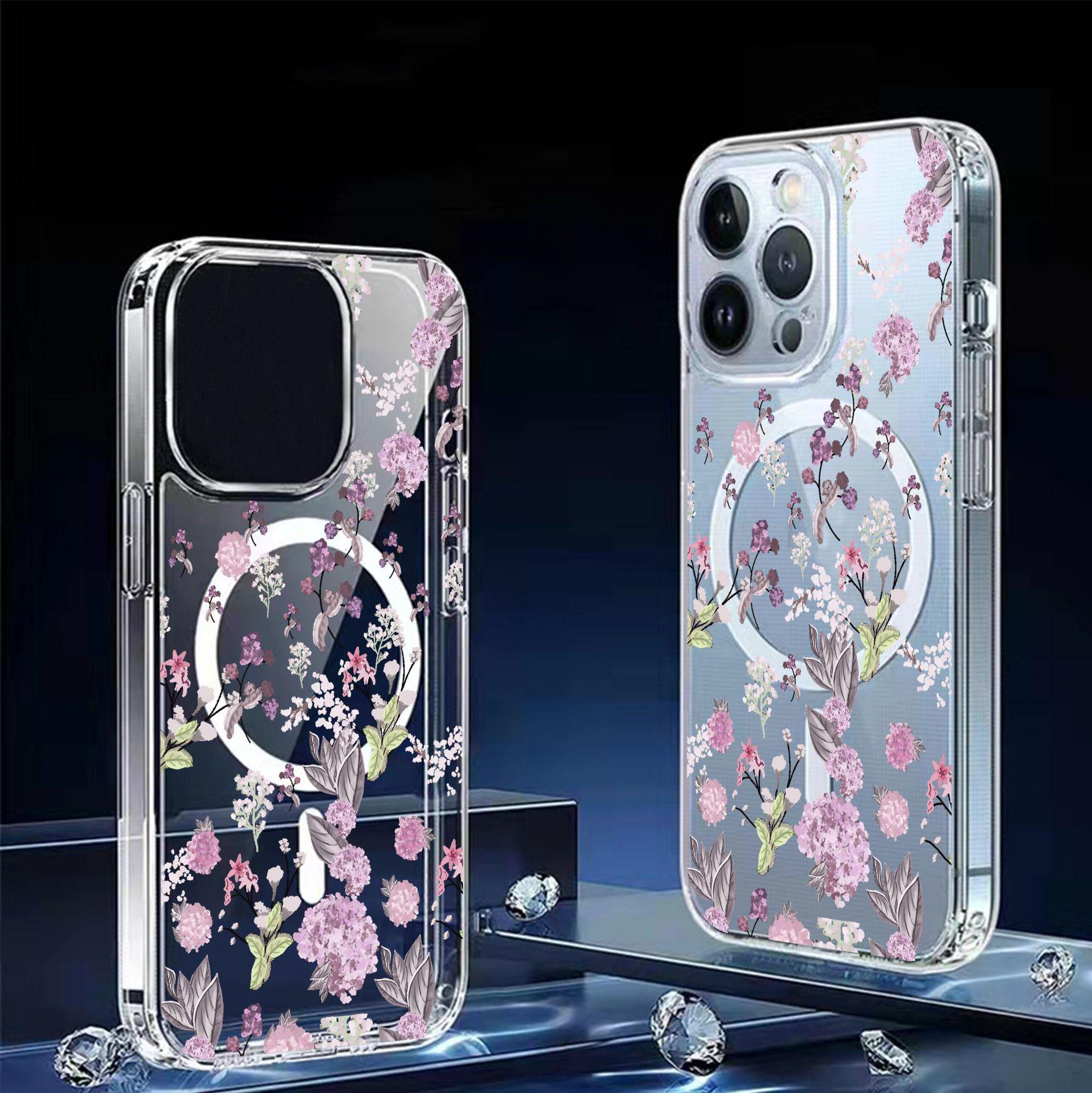 Маленький фиолетовый чехол с цветочным принтом и магнитом для iPhone 15/16/17 Pro Max - Прозрачный с полным покрытием Galaxy S24 прозрачный