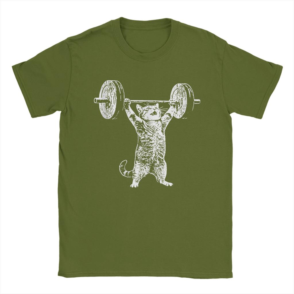 Vintage Retro Weight Lifting Gym Cat T Shirts Men Cotton Vintage TShirts Round Collar Tee Shirt Short Sleeve Clothes Plus Size