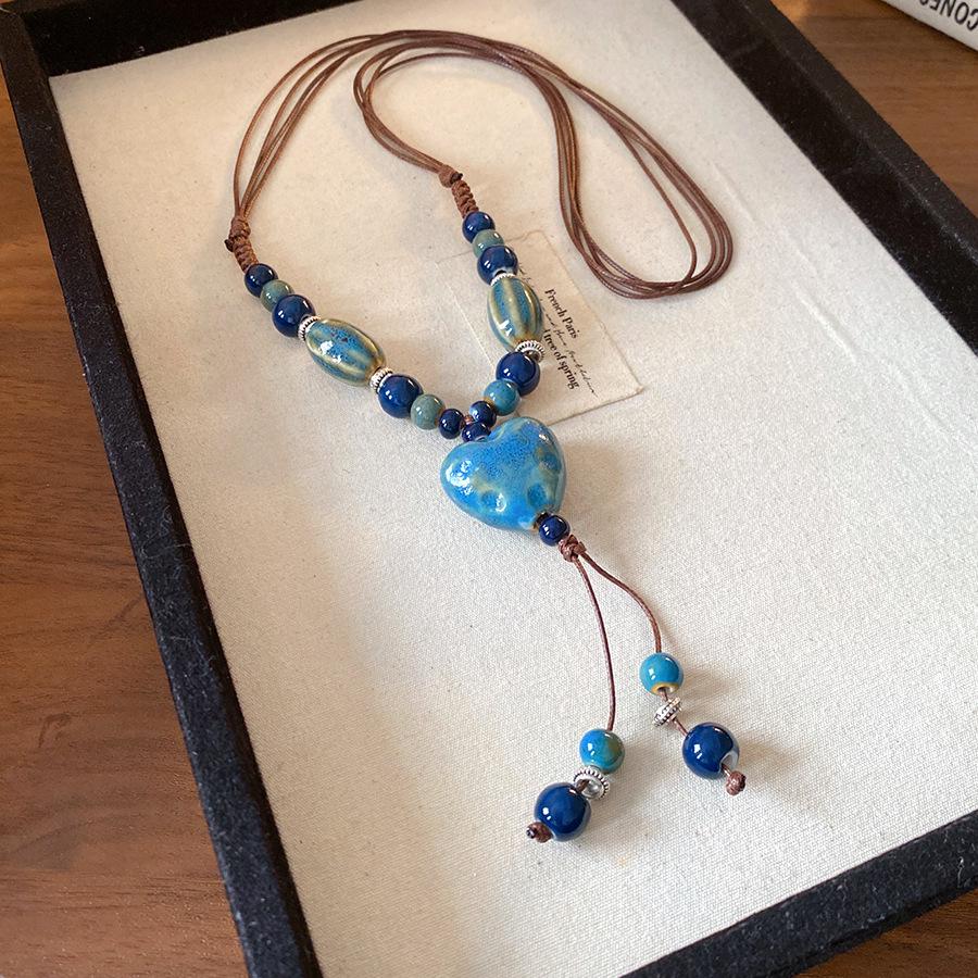 Vintage Bohemian Ethnic Ceramic Bead Pendant Necklace