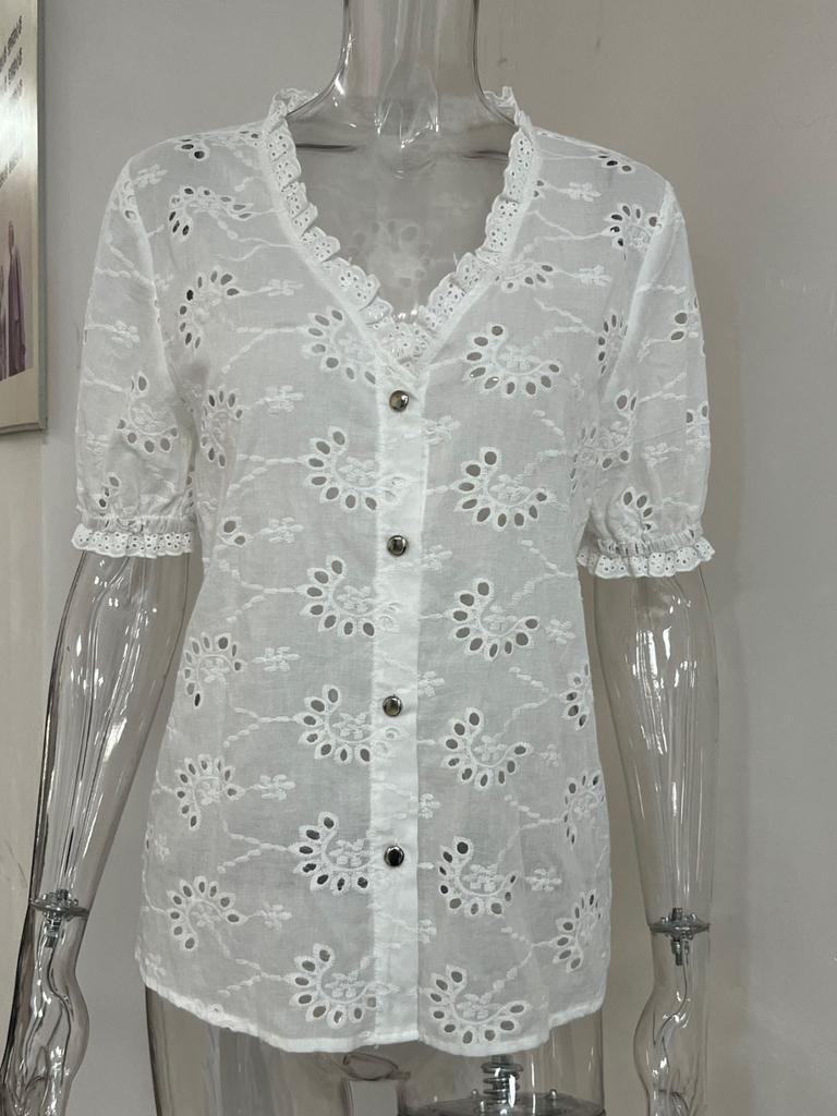 Women's Summer Fashion Casual Shirts Cropped Petal Sleeve Eyelet Tops V Neck Shirt