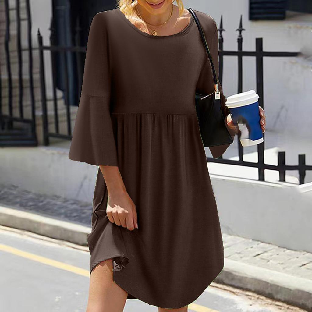Women's Color Round Neck Seven-Part Sleeve Sub Bohemian Dress