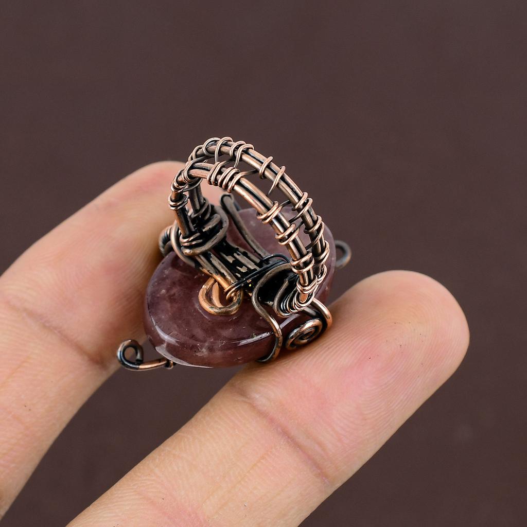 Natural Strawberry Quartz Gemstone Handmade Copper Wire Wrap Ring Size 7 Y1e99