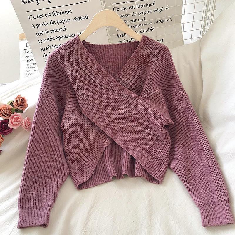 Women's Autumn/Winter 2021 Crossed Knit Short Sweater - Retro High Waist Loose Pullover.