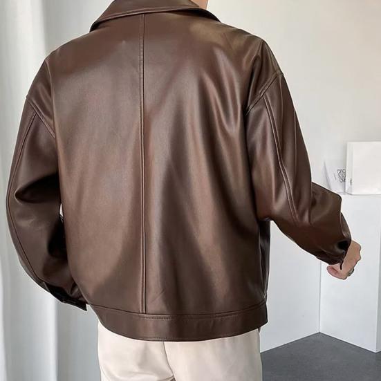 Men Jacket Lapel Long Sleeve Flap Pockets Single-Breasted Jacket Coat Solid Color Loose Fit Waterproof Warm Imitation Leather Jacket