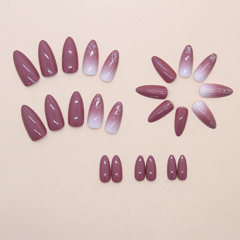 Purple fine flash gradual change gentle retro versatile white ins European and American style almond nail piece 24 pieces