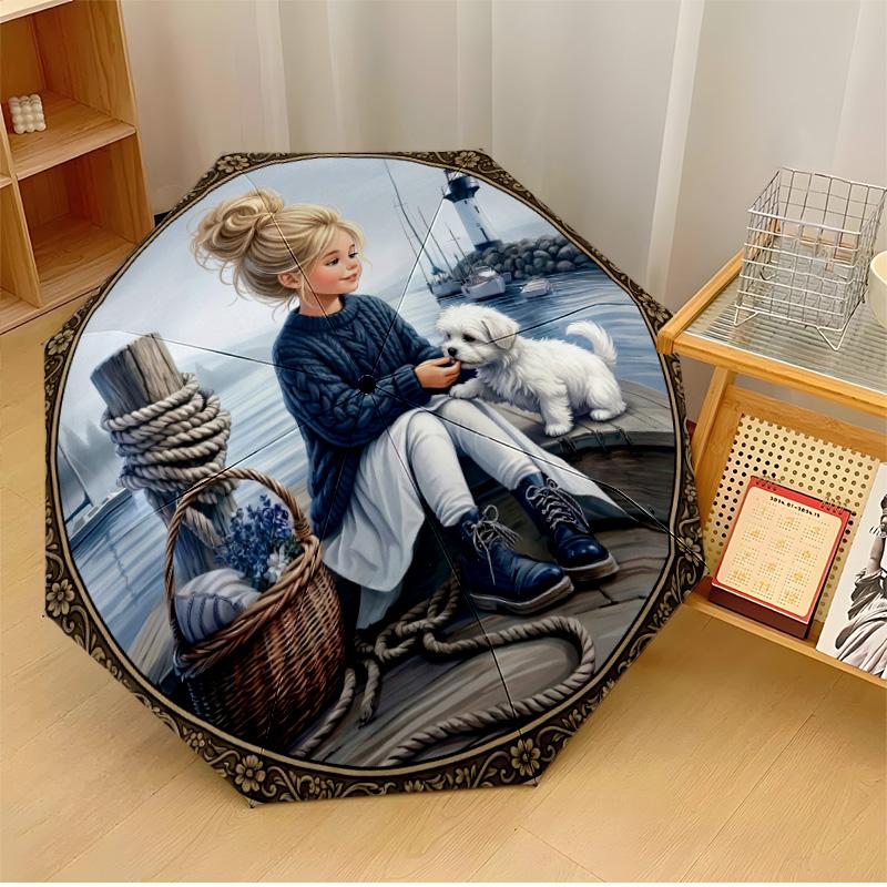 

Girl Tugging Dog Printed umbrella windproof folding umbrella portable sun and rain umbrella suitable for gifting