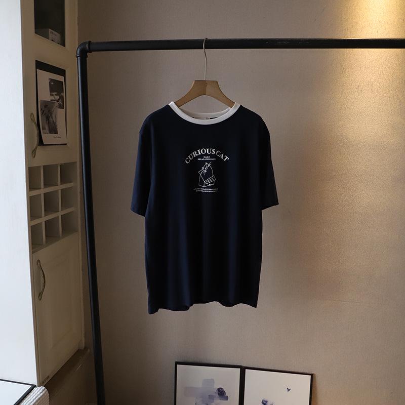 

Korean Style Color Block Crew Neck Cartoon Loose Casual Women s T-shirt (Summer 2025) One Size королівський синій колір