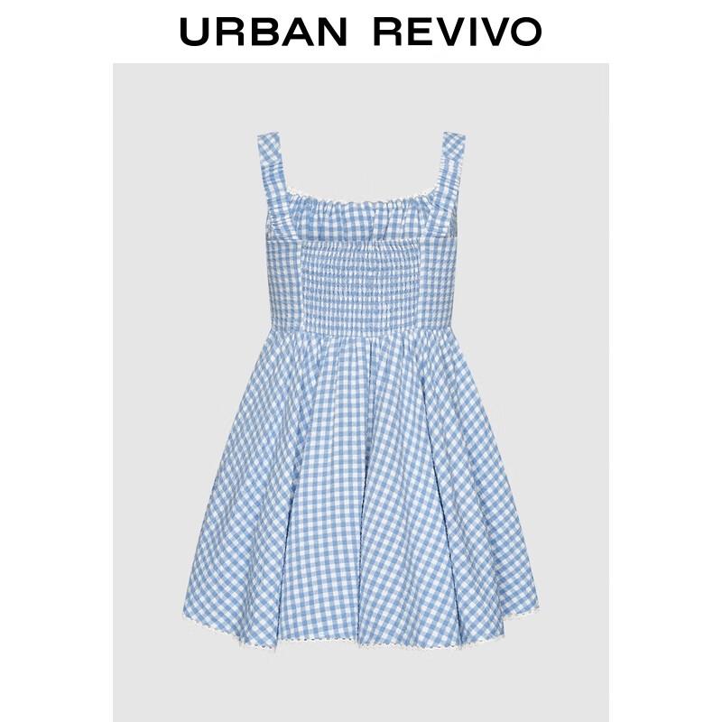 UR 2025 Summer Lace Gingham Shirring Mini Dress