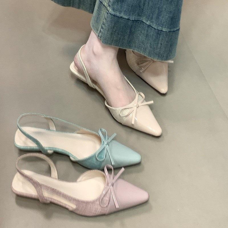 Gentle Temperament Shallow Mouth Women's Single Shoes 2025 Summer Bow French Back Empty Splicing Bag Head Sandals