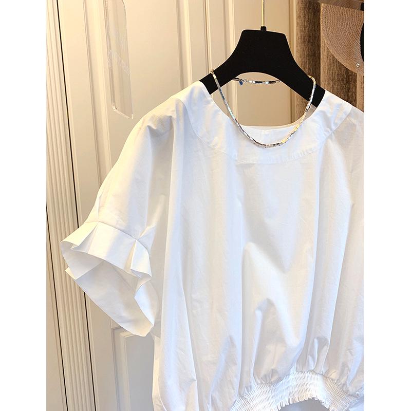 In-Stock Korean Style Bowknot Slit Short Sleeve Women's Pullover Top