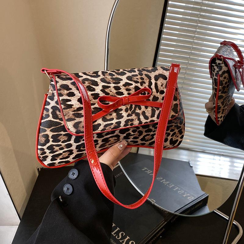 

Retro bow popular leopard print underarm bag women s autumn and winter new fashionable personality versatile casual shoulder bag червоний