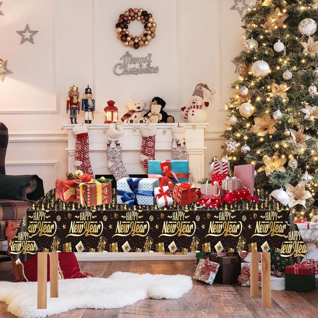 3Pcs Happy New Year Tablecloths,Black and Gold Table Covers Disposable Plastic Waterproof Tables Cover for 2026 New Year Table Supplies