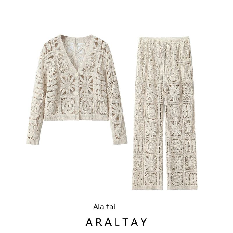 Araltay Western Style Women Clothes French Style New Mori Look Idle Style Three-Dimensional Hollow Crochet Knitting Suit Women