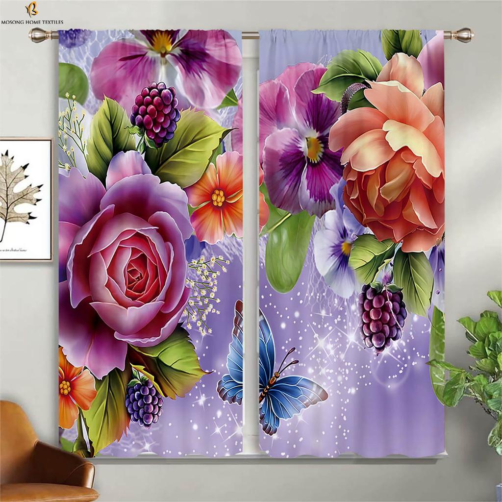 Floral Butterfly 3D Printed Curtain Rod Pocket Bedroom Living Room Kitchen Window Curtain Home Decor 2 Pieces