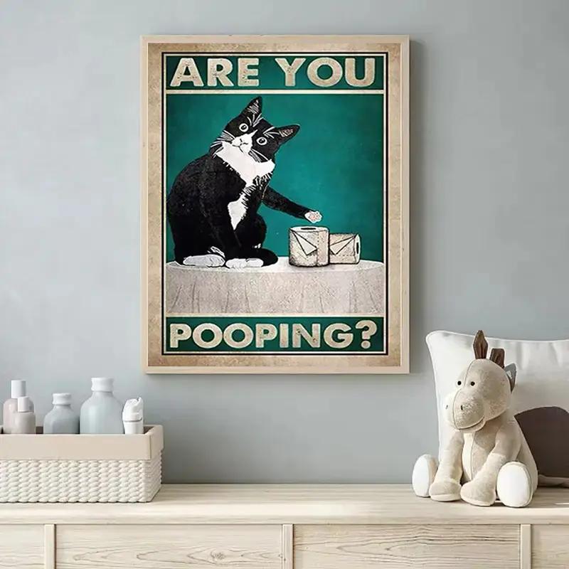 Art Quote You Are Pooping Black Cat Kitten Reading Newspaper In Toilet Funny Animal Poster Retro Art Living Room Decoration
