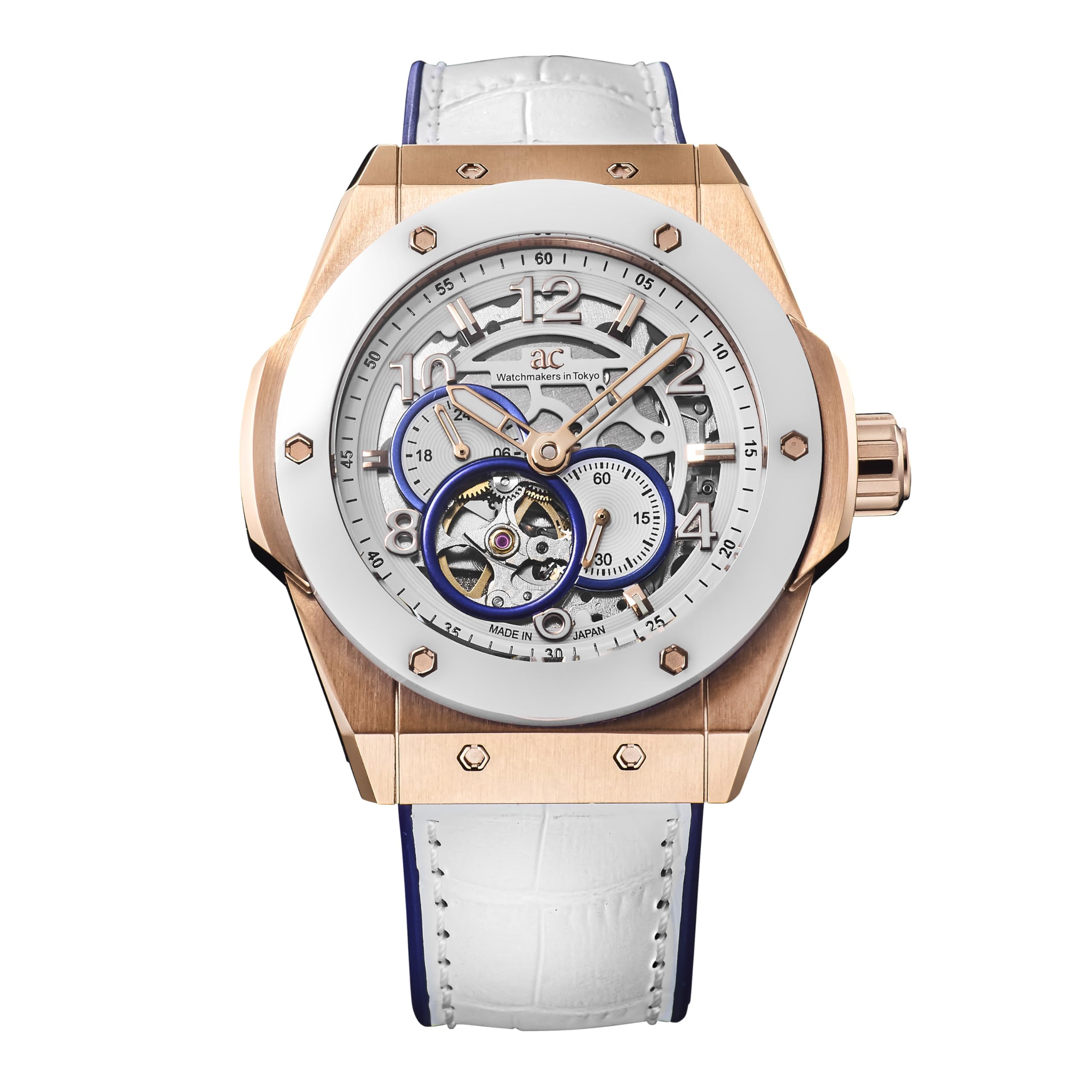 Angel Clover Time Craft Fabriqué au Japon Montre Automatique Homme en Céramique TCJ45PWH-WH Cadran Squelette Blanc Bracelet en Acier Inoxydable et Cuir 45mm 10ATM Verre Minéral blanc