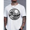Europäische Größen Herrenmode Lässig Trendig Schwarzes T-Shirt mit Japanischem Wellen-Berg-Sonnenkreis-Grafik Streetstyle für Erwachsene Alle Jahreszeiten