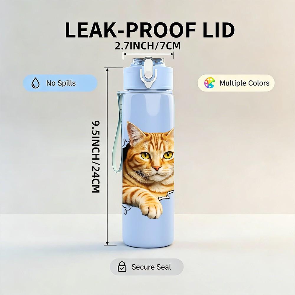 1PC Cat Head Tear Through Paper Print 750ml Color Plastic Sports Water Bottle Leakproof Flip Straw Lid Suitable for Sports Office Home Use