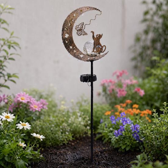 Solar Garden Light, Waterproof Metal Cat Butterfly Moon Pathway Stake Light for Yard, Lawn, Patio, Outside Decor