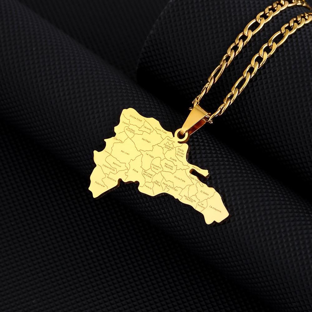 Zlatý smaltovaný přívěsek ve tvaru mapy Dominikánské republiky na stříbrně pokoveném řetízku Pro ženy Muže Vlajka Dominiky Šperk