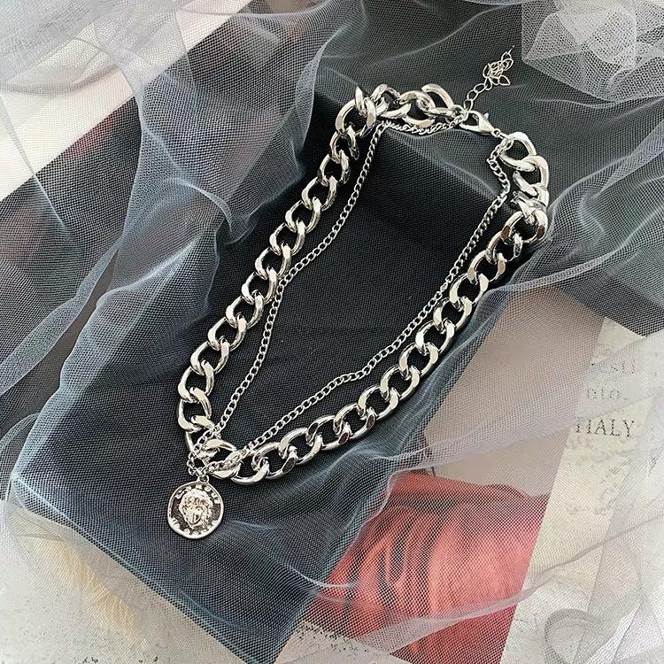 European and American exaggerated Internet celebrity hip-hop gold coin multi-layer thick chain necklace female collarbone chain coin double