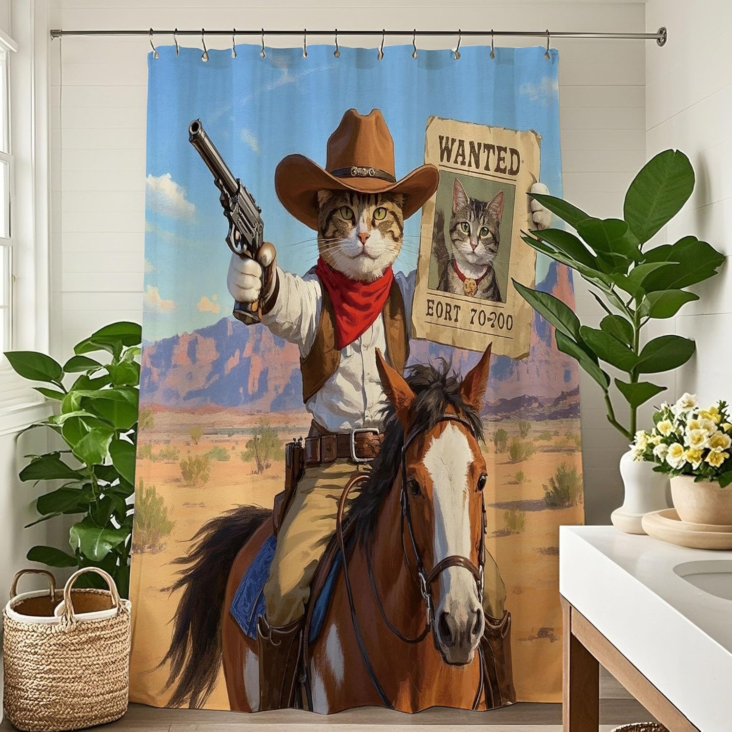 

Western Cowboy Funny Cat Shower Curtain Shower Curtain Set For Kids Bathroom Fun Animal Desert Cactus Rustic Bathroom Decor W60H190(CM)-1 Pcs
