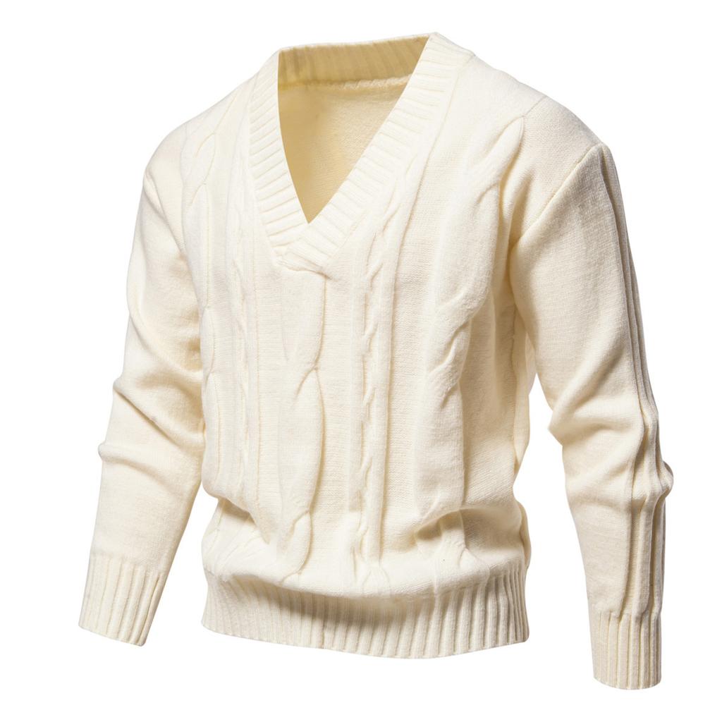 Men's Long-sleeved Thickened Jacquard Sweater Autumn and Winter Men's V-neck Solid Color Sweater