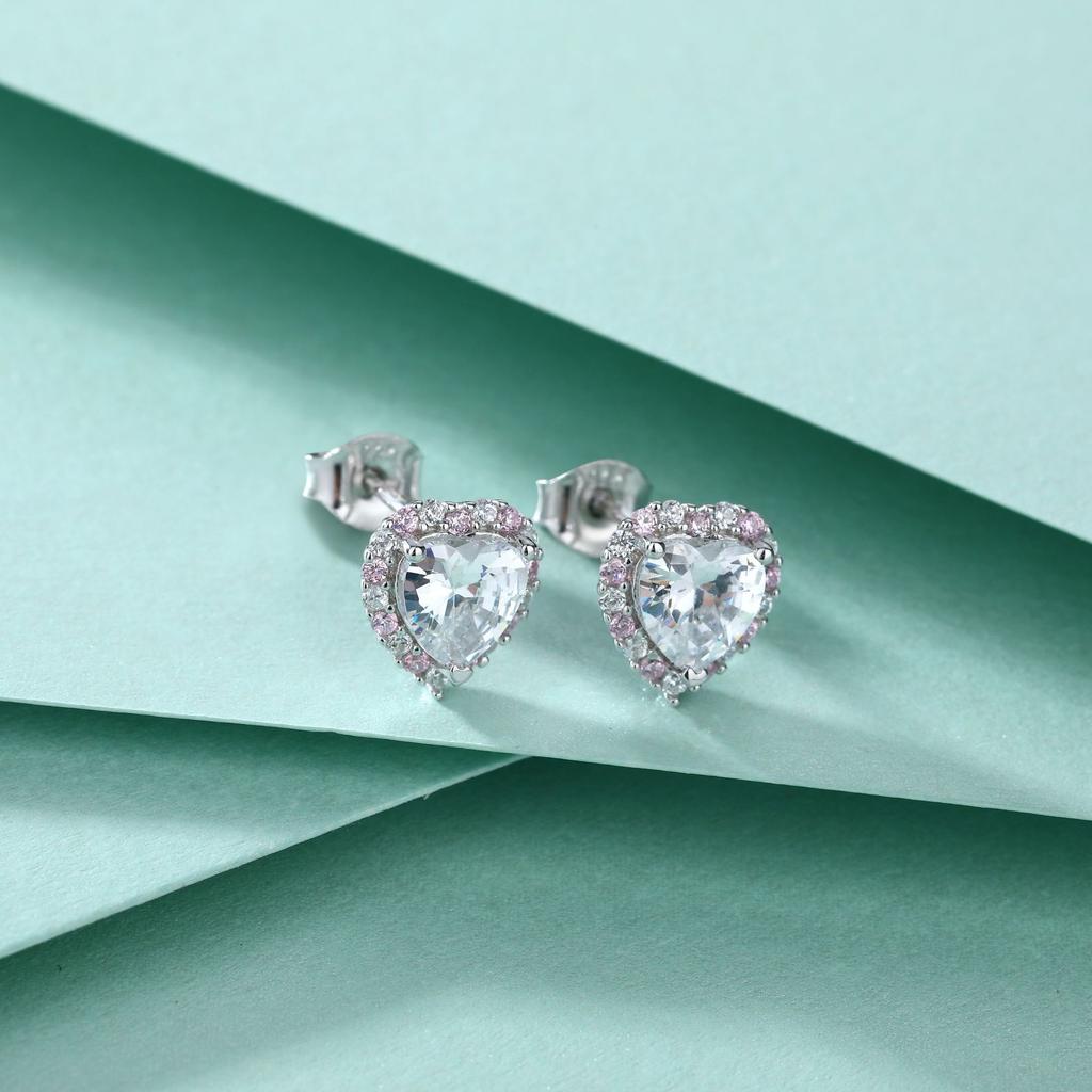 Pink Diamond Zircon Heart Stud Earrings Women'S High Sense Exquisite Love Earrings Wind Earrings