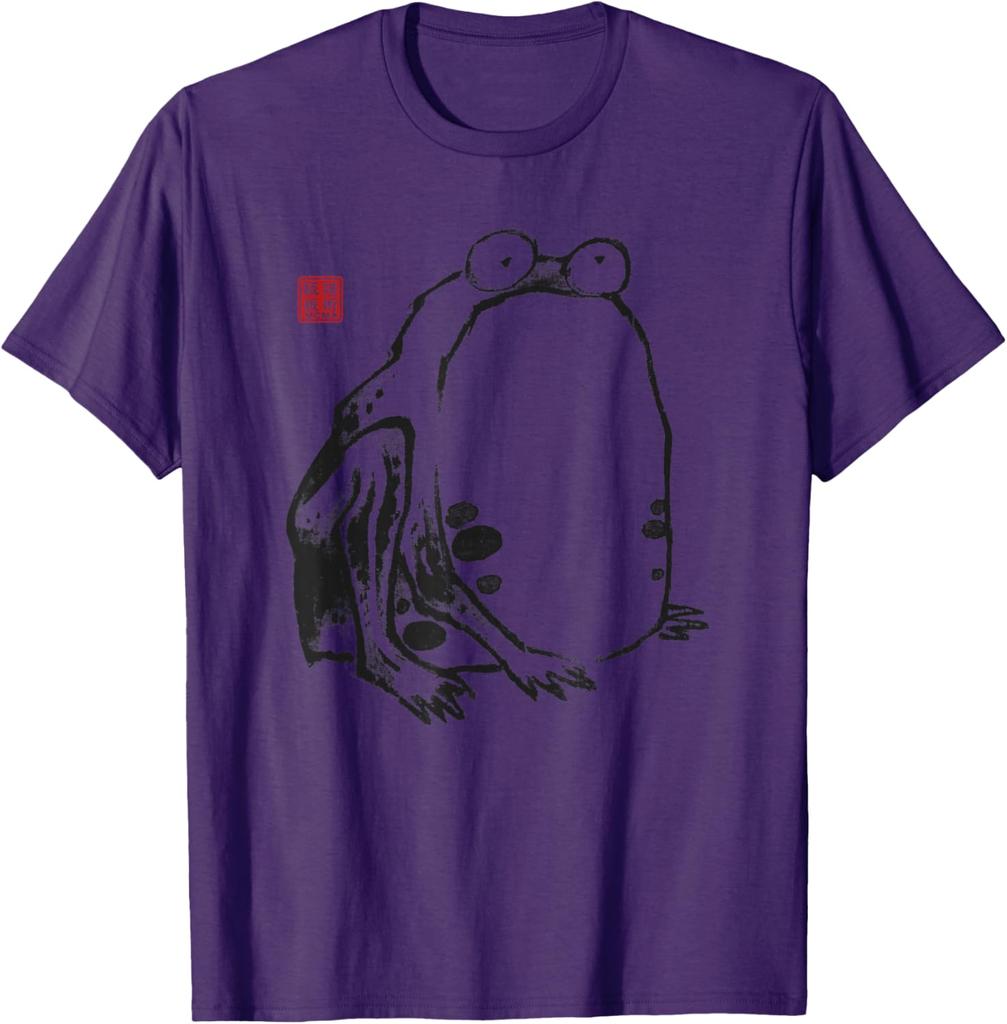 Japanese Frog Art Sumie Ink Painting Graphic Tee Casual Crewneck TShirt for Men