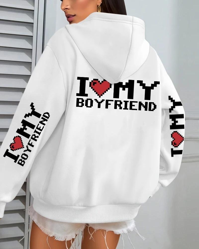 I Love My Boyfriend Printed, Women'S Hoodie Fall Loose Casual Pocket Fleece Pullover