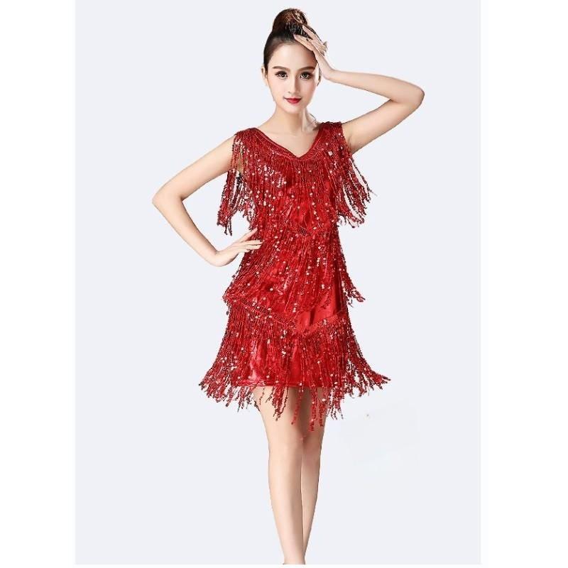 Abito da Danza Latina con Paillettes e Frange per Performance e Competizione Donna