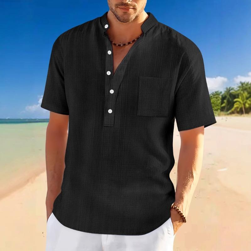 Fashion Men's Fashion Casual Solid Color Print Short Sleeve V Neck Blouses & Shirts