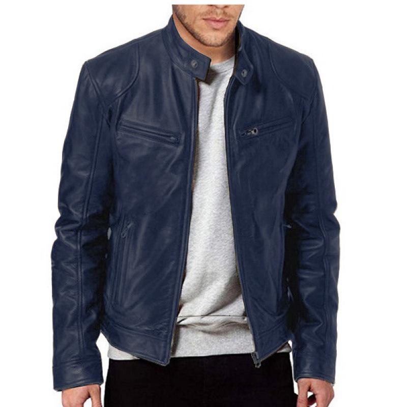European-American Men's Stand-Up Collar Leather Motorcycle Jacket with Logo