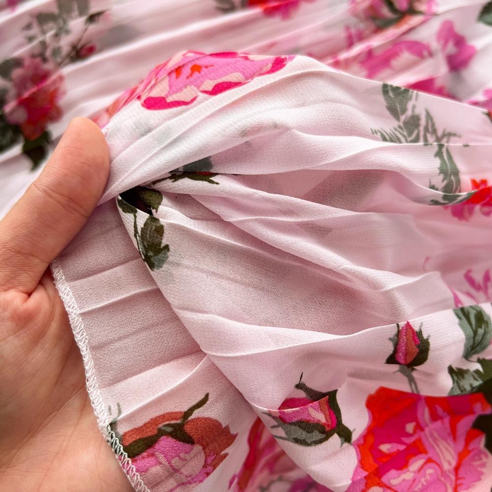 Kobiety słodkie dekolt w serek latarnia rękaw vintage print francuski styl slim fit szyfonowe sukienki dresowe plisowane duży rozkloszowany szlafrok sukienka