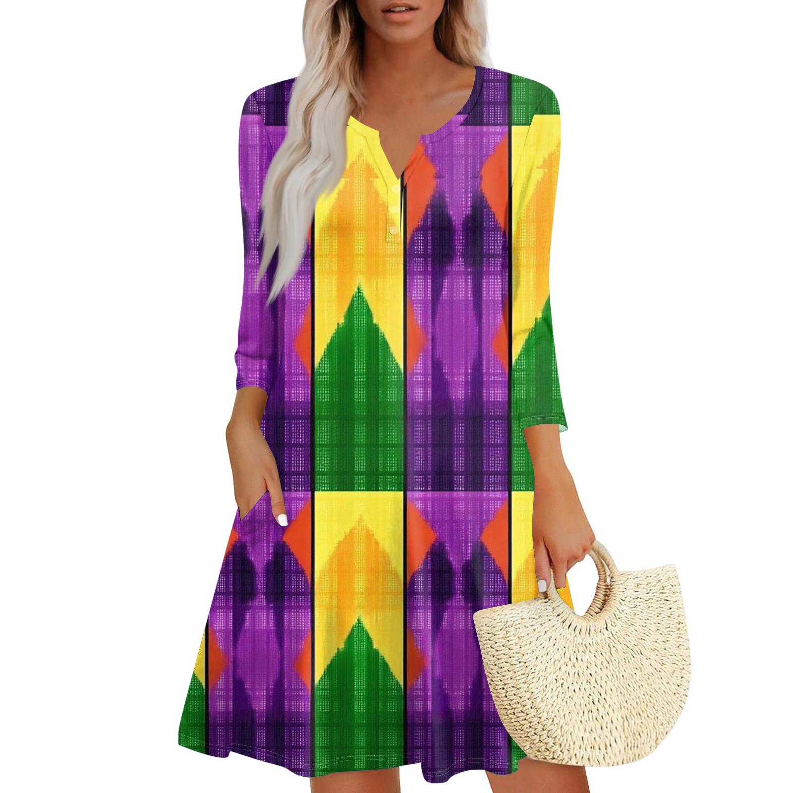 Women s Dress Loose V Neck Three-quarter Sleeve With Pockets Dress L