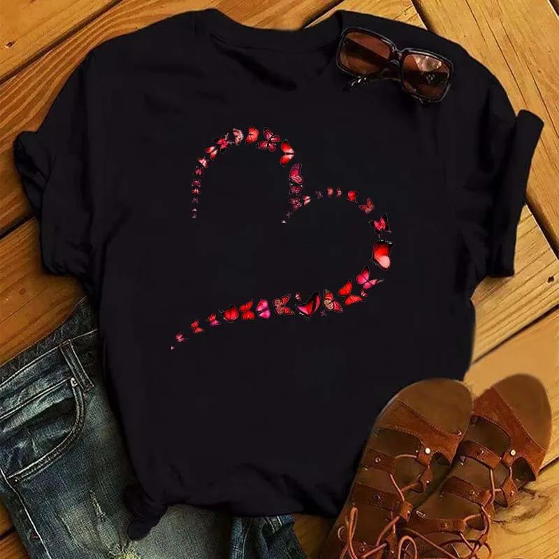 Butterfly Heart Printed T Shirt New Unisex Black T Shirt Harajuku Cute Graphic Tee Shirt Ladies Casual Female Tops Tee