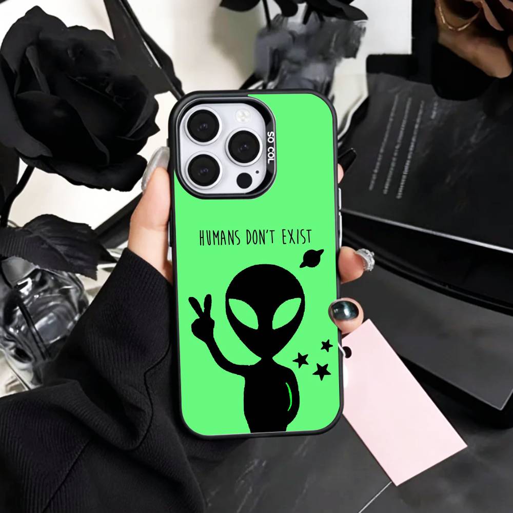 Cool C-Cartoon Alien Space   Phone Case For iPhone17,16,15,14,13,12,11 Plus,Pro Max Colored Silver Plated Inside Cover