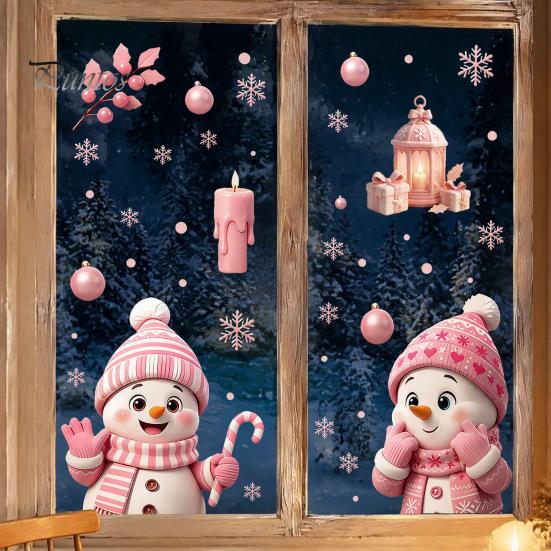 Party Atmosphere Wall Decorations Christmas Snowman Static Glass Stickers, Decorative Pink Decals, Waterproof PVC Creative Gift for Friends