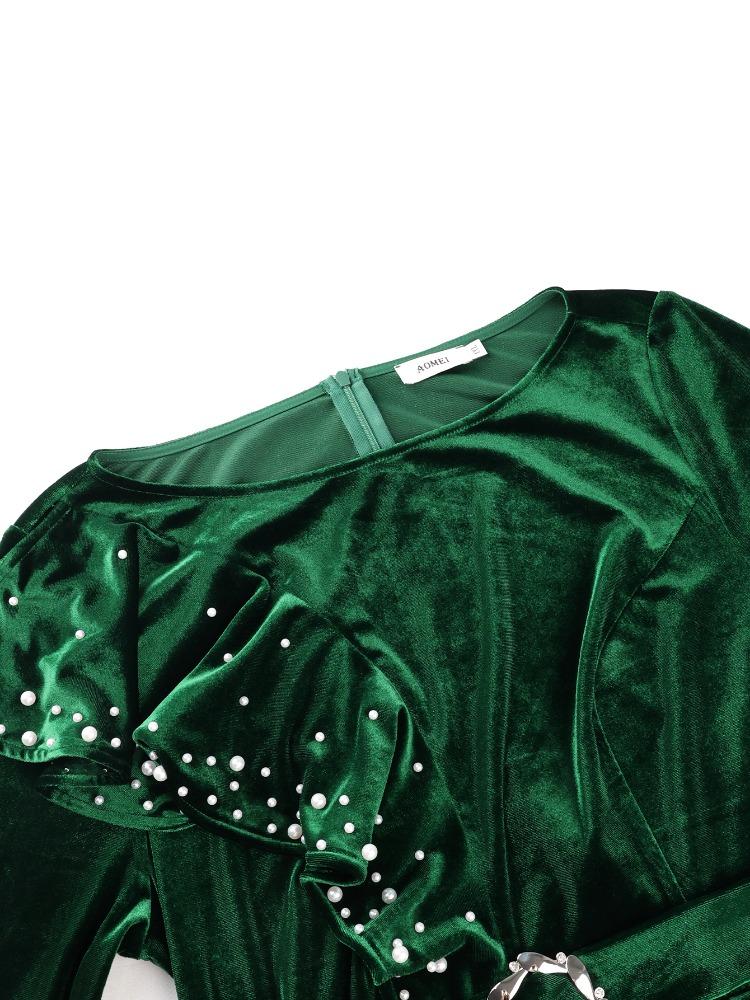 A-Linie Damen Samtkleider O-Ausschnitt Langarm Hoher Bund Schößchen mit Gürtel Elegant Büro Damen Kirche Weihnachtsfeier Kleider