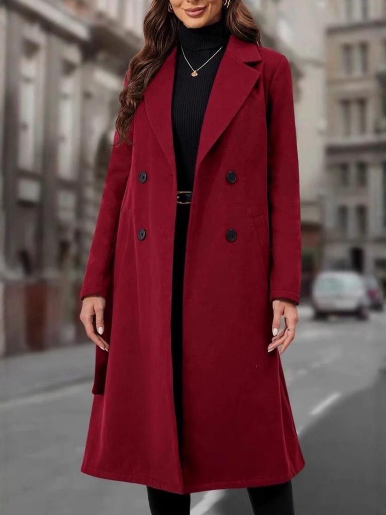 European & American Women's Slim-Fit Double-Breasted Belted Long Woolen Trench Coat