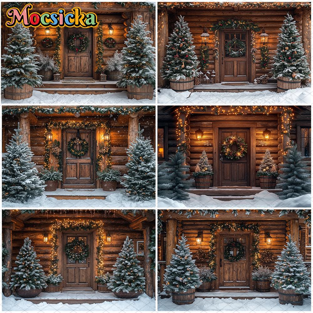 Mocsicka Christmas Photography Backgrounds Winter Snow Decoration Photo Backdrops Xmas Tree Wooden House Pattern Shootin181