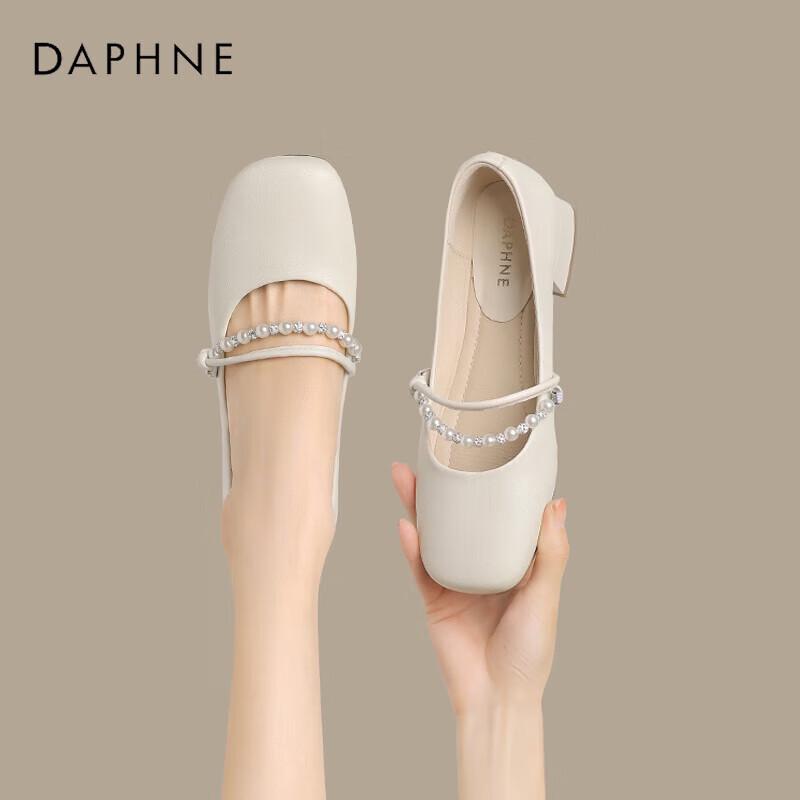 Daphne French Style Pearl Mary Jane Chunky Heel Leather Shoes 39